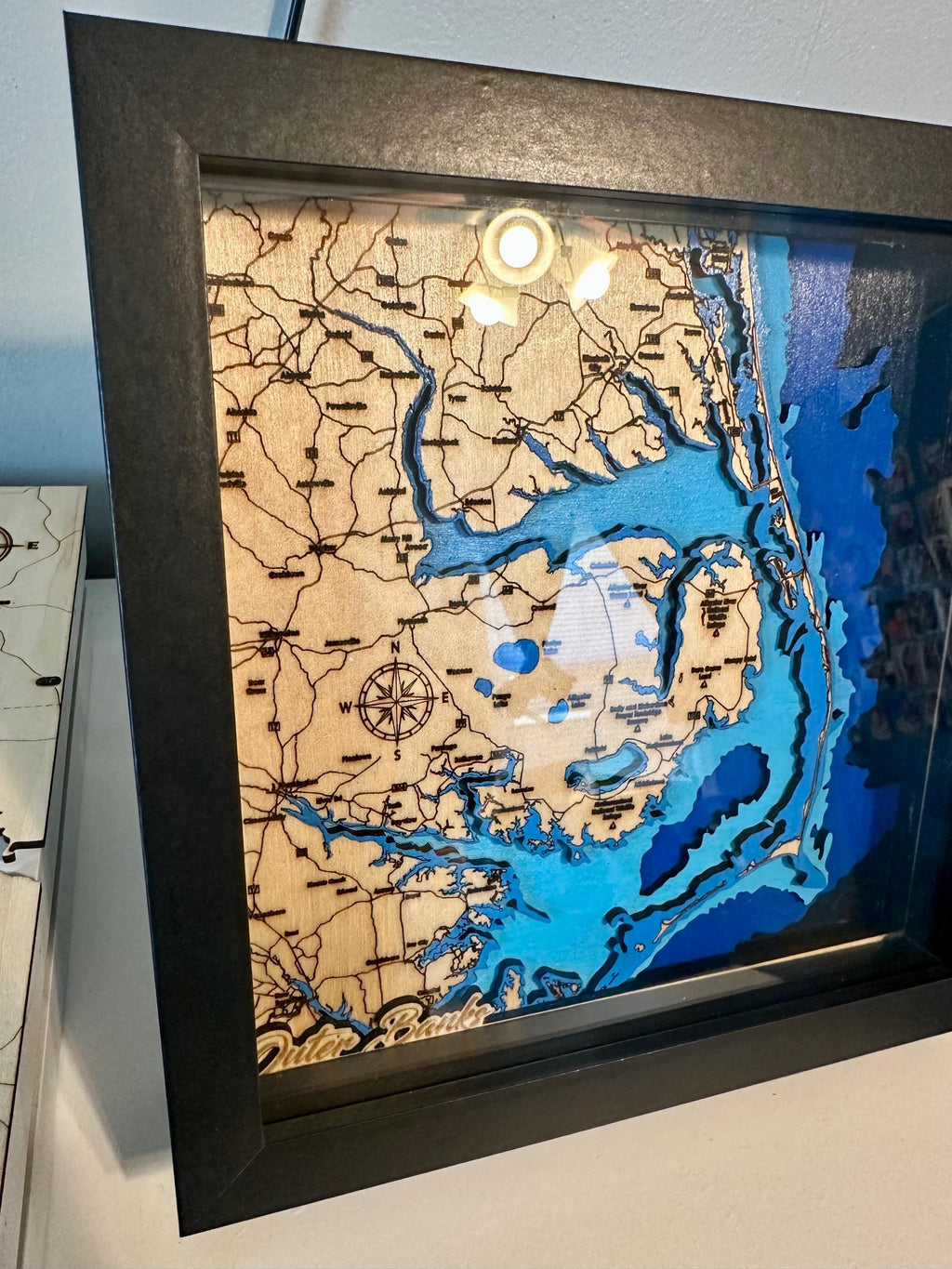 14x16 Outer Banks 3D Wood Map — 7-Layer Bathymetric | Shadow Box Framed