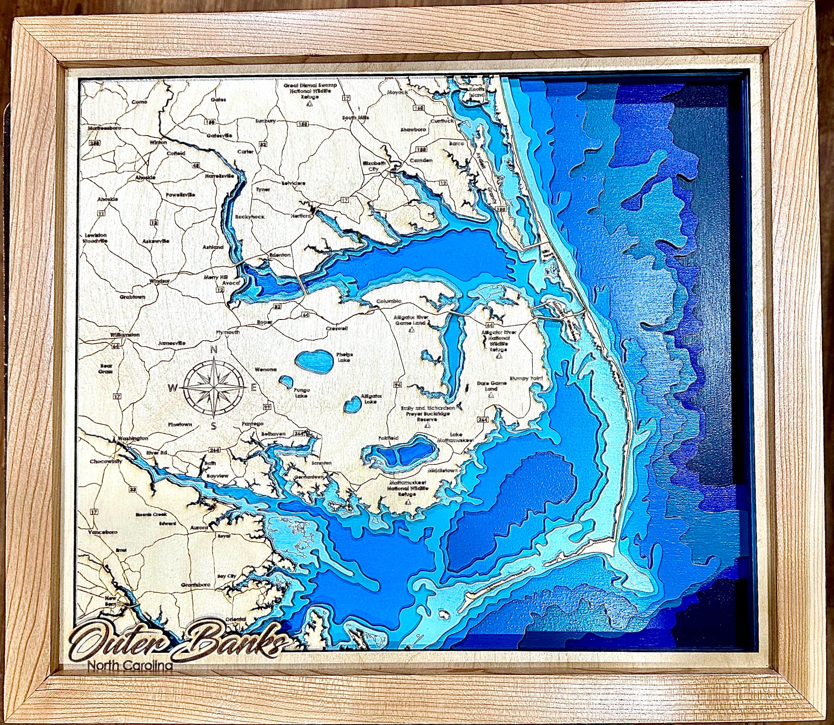 14x16 Outer Banks 3D Wood Map — 7-Layer Bathymetric | Shadow Box Framed