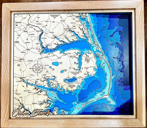 14x16 Outer Banks 3D Wood Map — 7-Layer Bathymetric | Shadow Box Framed