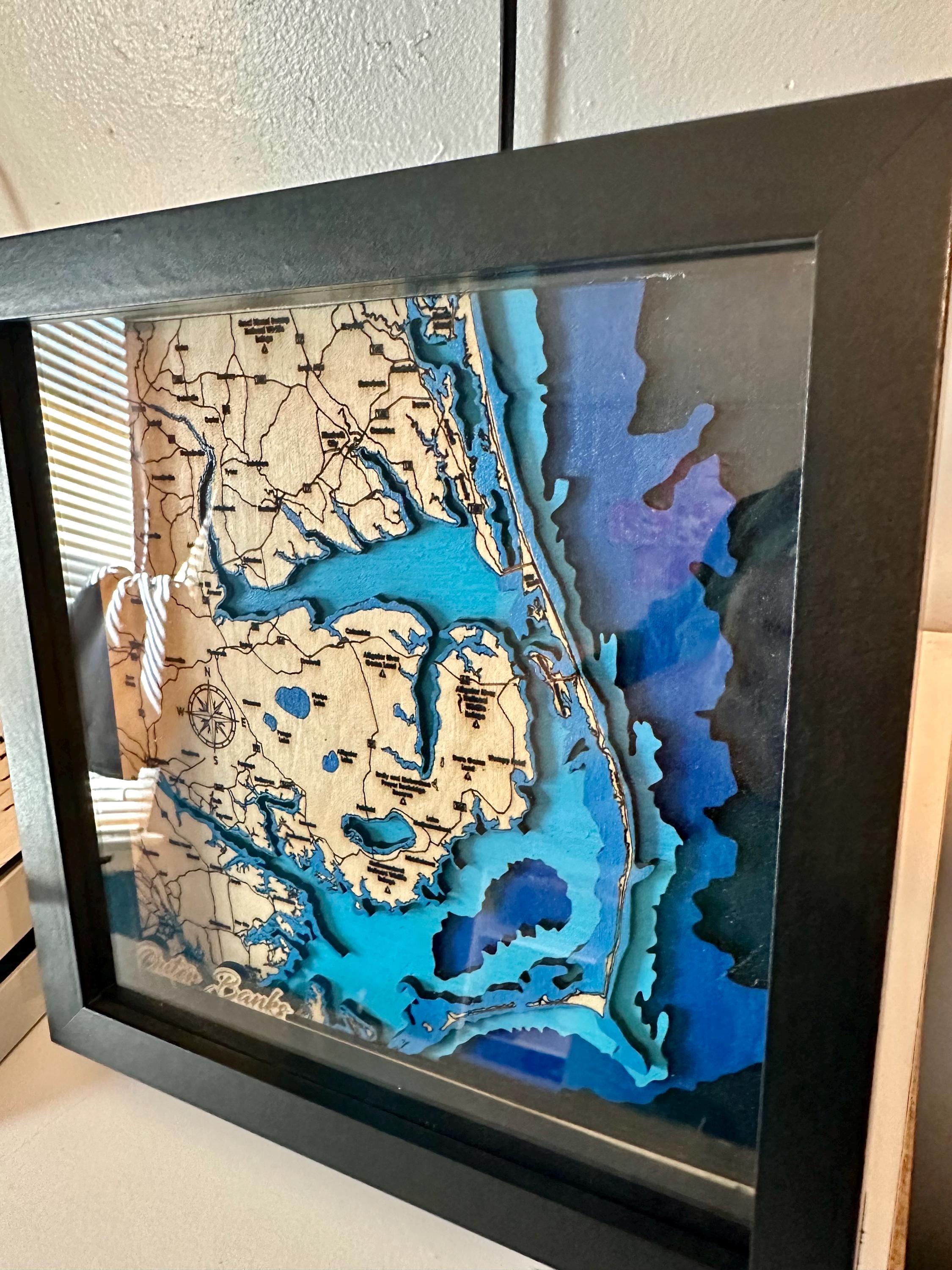 14x16 Outer Banks 3D Wood Map — 7-Layer Bathymetric | Shadow Box Framed