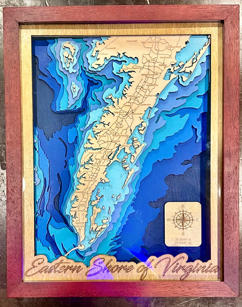 Eastern Shore of Virginia Bathymetric Map — 11x14 Mahogany Frame