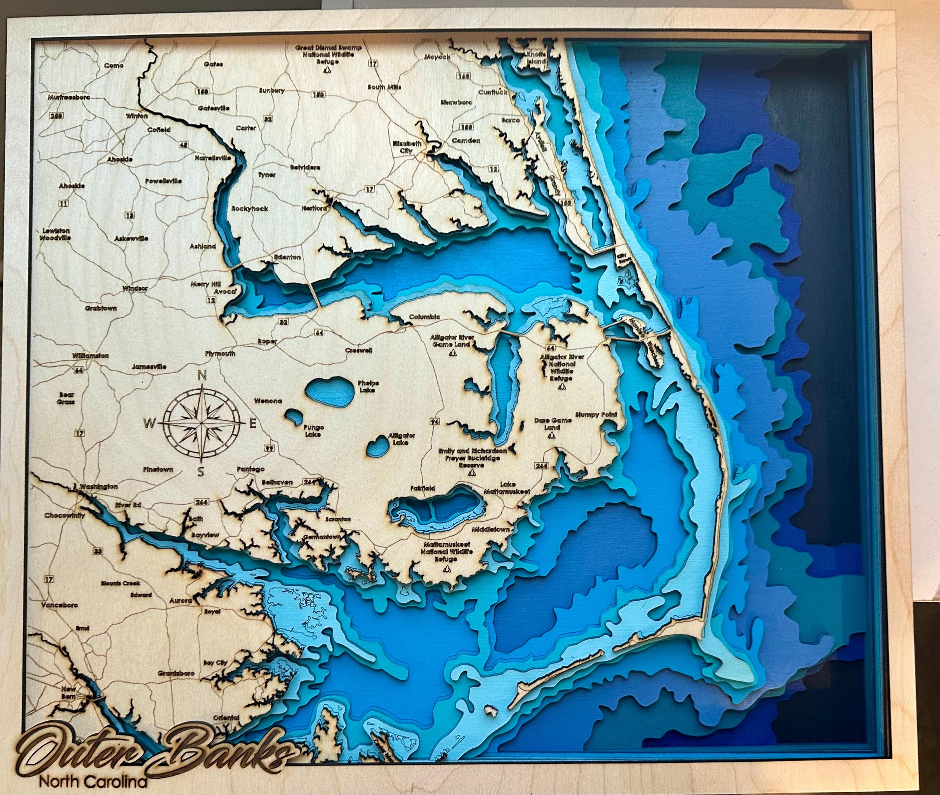 14x16 Outer Banks 3D Wood Map — 7-Layer Bathymetric | Shadow Box Framed