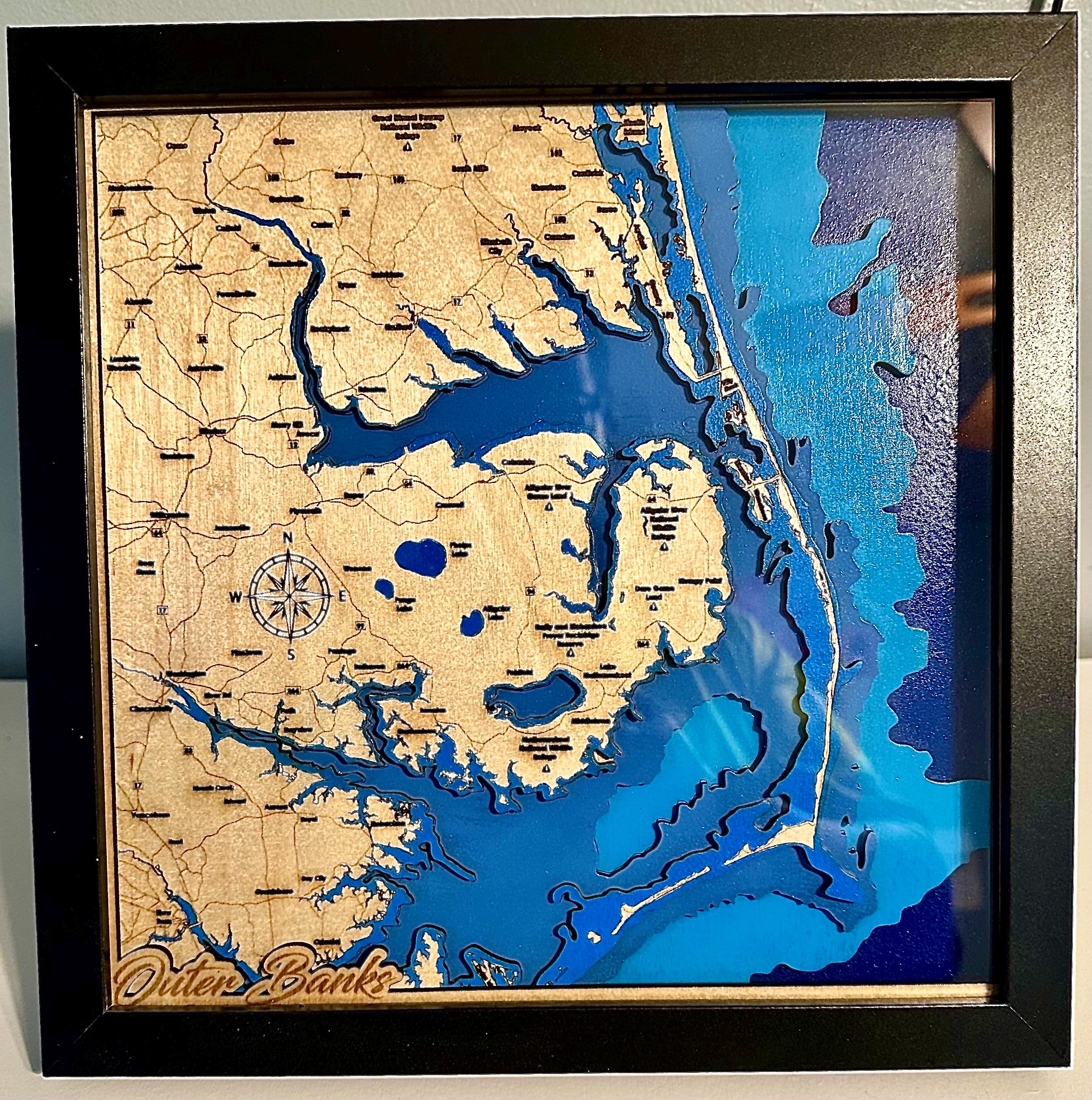 14x16 Outer Banks 3D Wood Map — 7-Layer Bathymetric | Shadow Box Framed