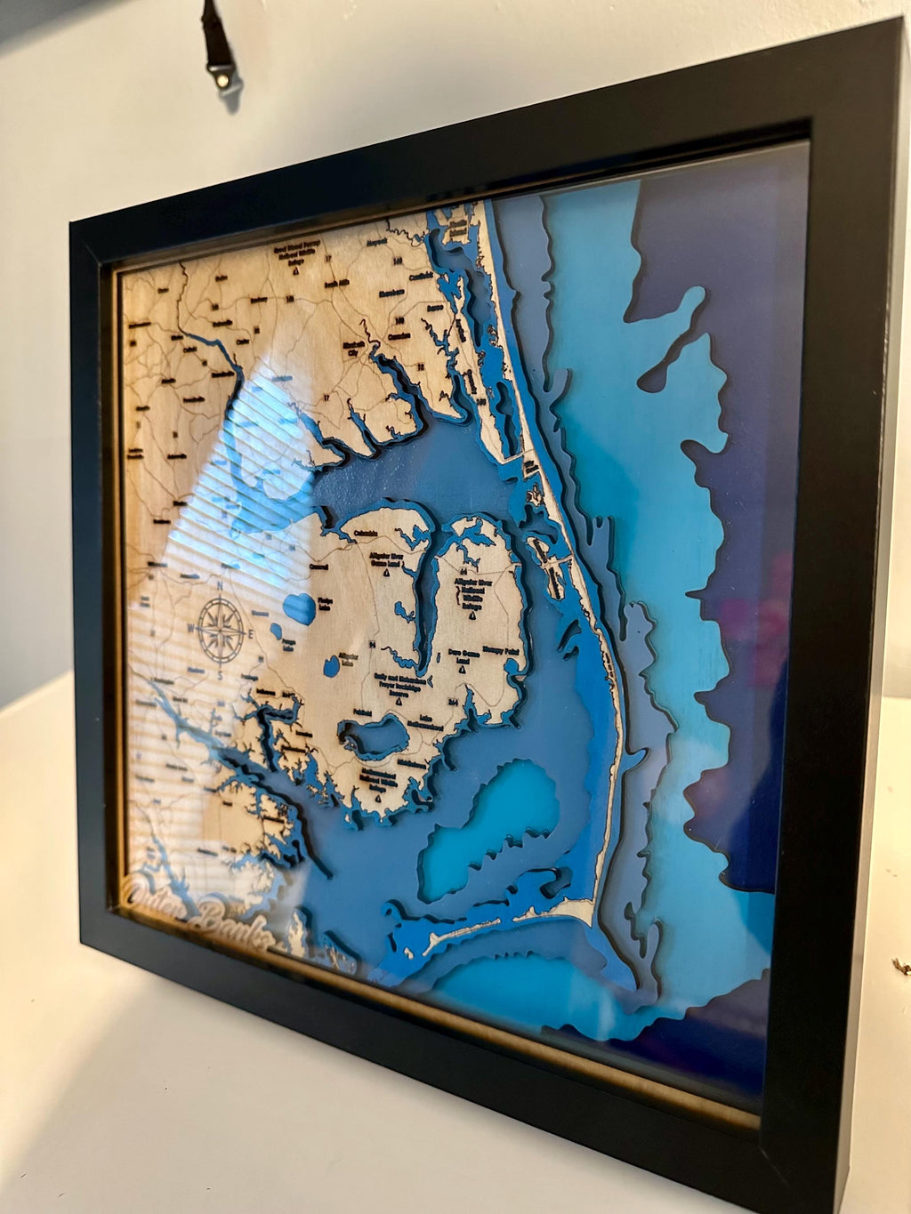 14x16 Outer Banks 3D Wood Map — 7-Layer Bathymetric | Shadow Box Framed