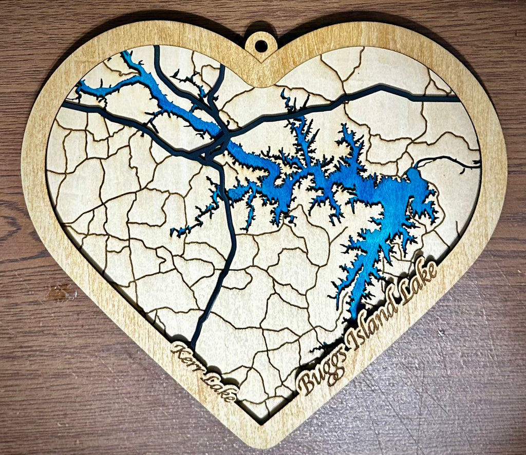 Kerr Lake 3D Wood Map | Heart Shaped | Buggs Island Lake Art