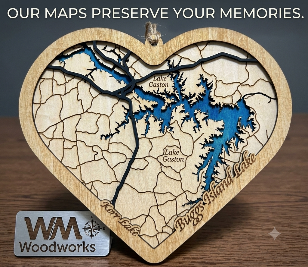 Kerr Lake 3D Wood Map | Heart Shaped | Buggs Island Lake Art