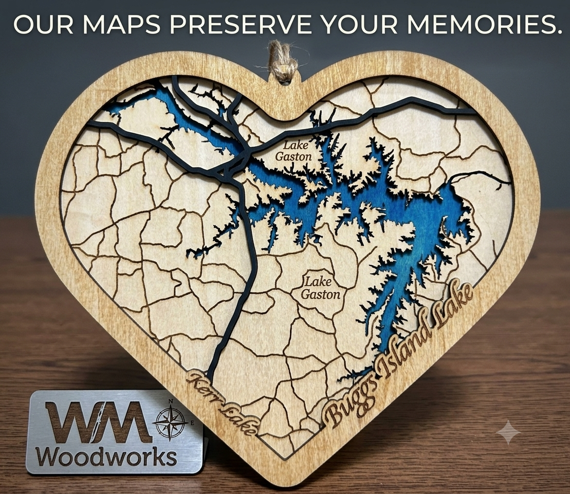Kerr Lake 3D Wood Map | Heart Shaped | Buggs Island Lake Art