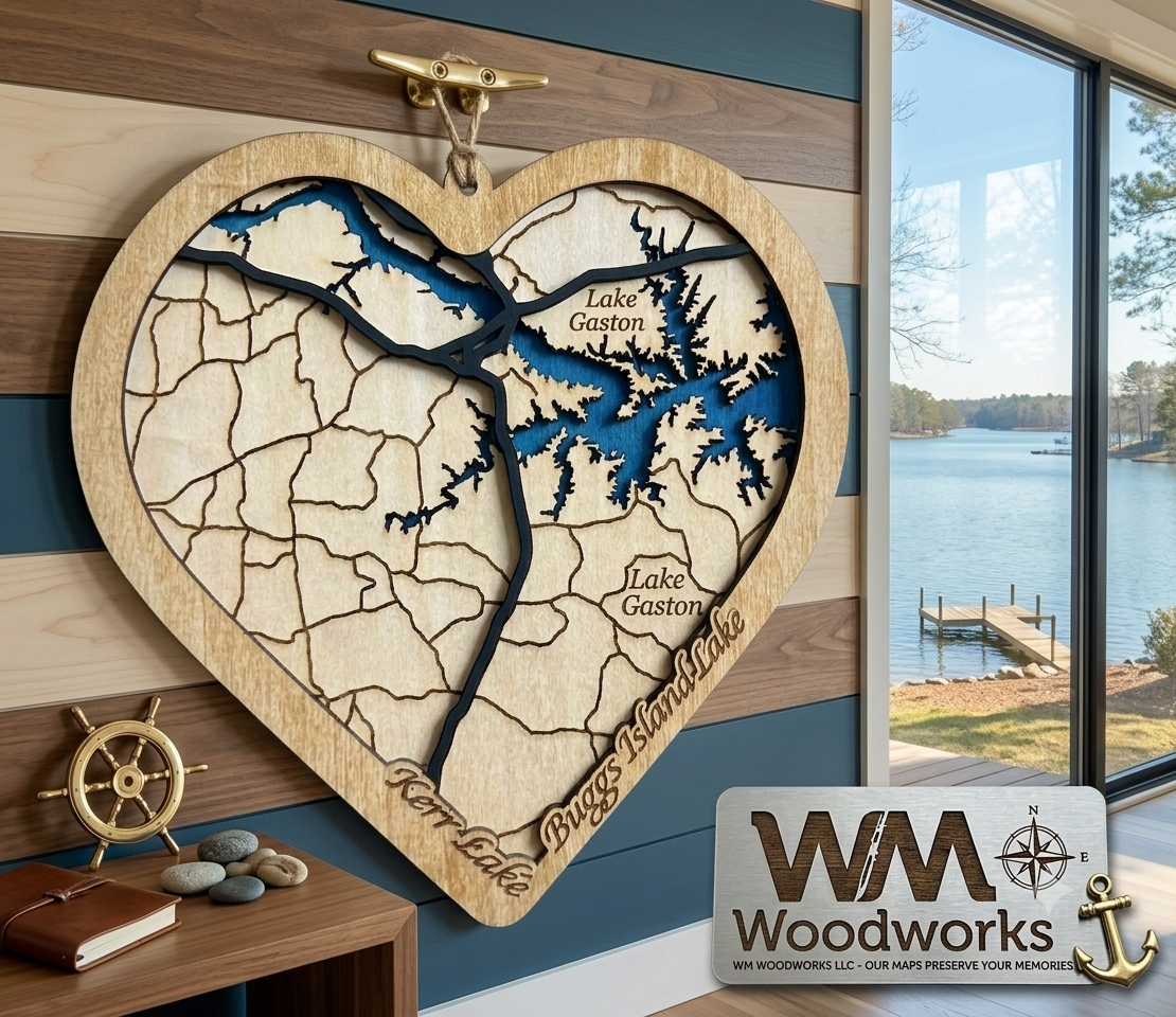 Kerr Lake 3D Wood Map | Heart Shaped | Buggs Island Lake Art