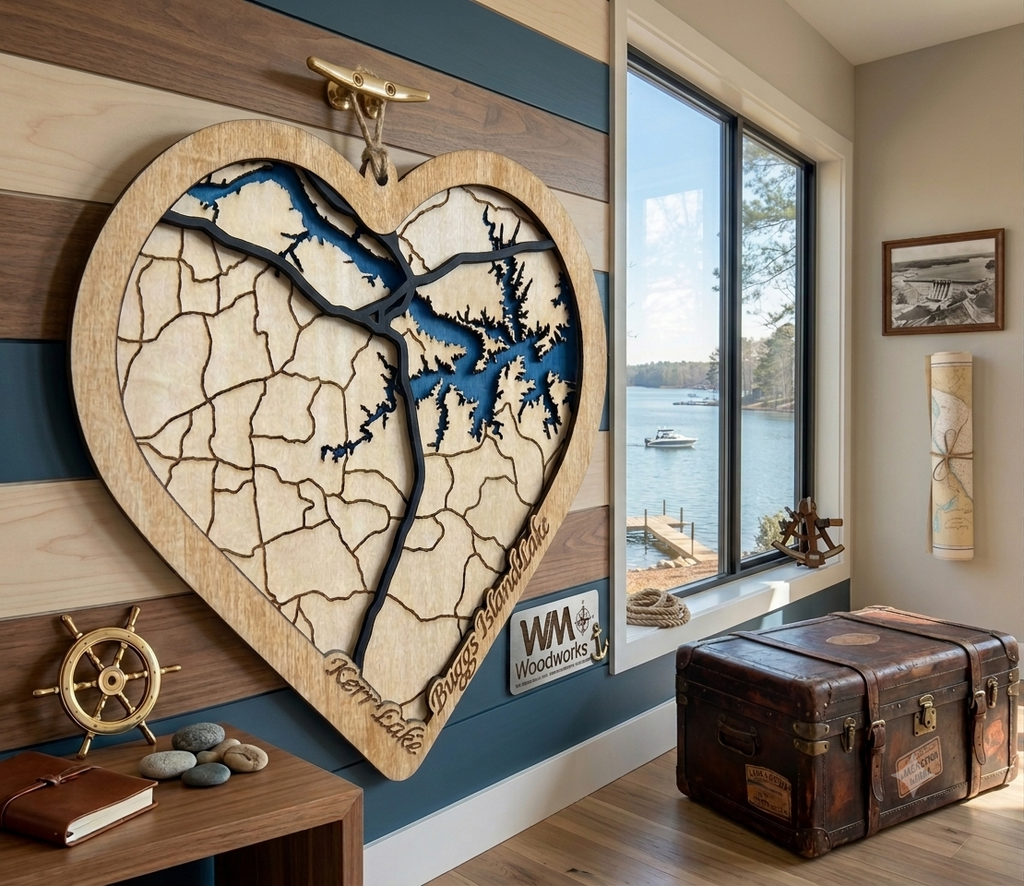 Kerr Lake 3D Wood Map | Heart Shaped | Buggs Island Lake Art