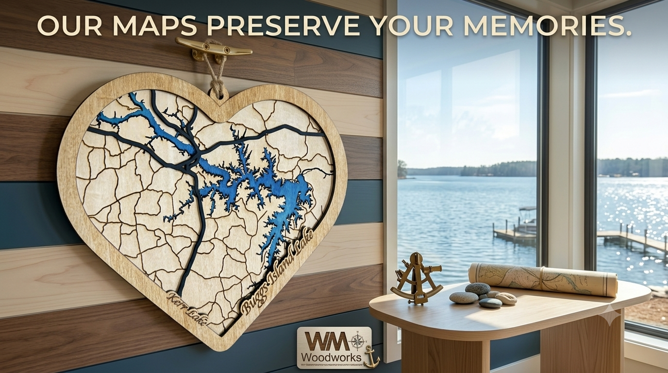 Kerr Lake 3D Wood Map | Heart Shaped | Buggs Island Lake Art