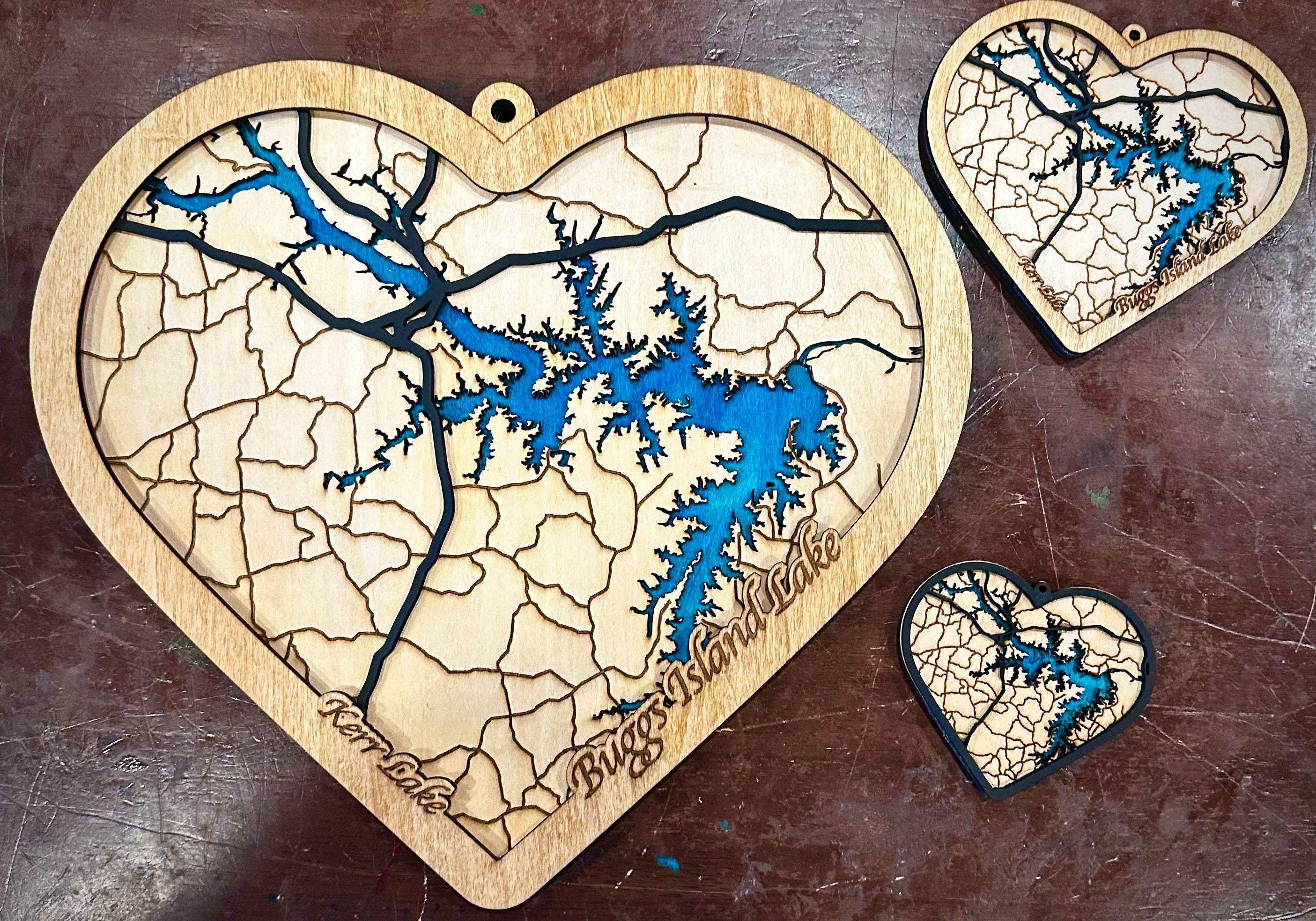 Kerr Lake 3D Wood Map | Heart Shaped | Buggs Island Lake Art