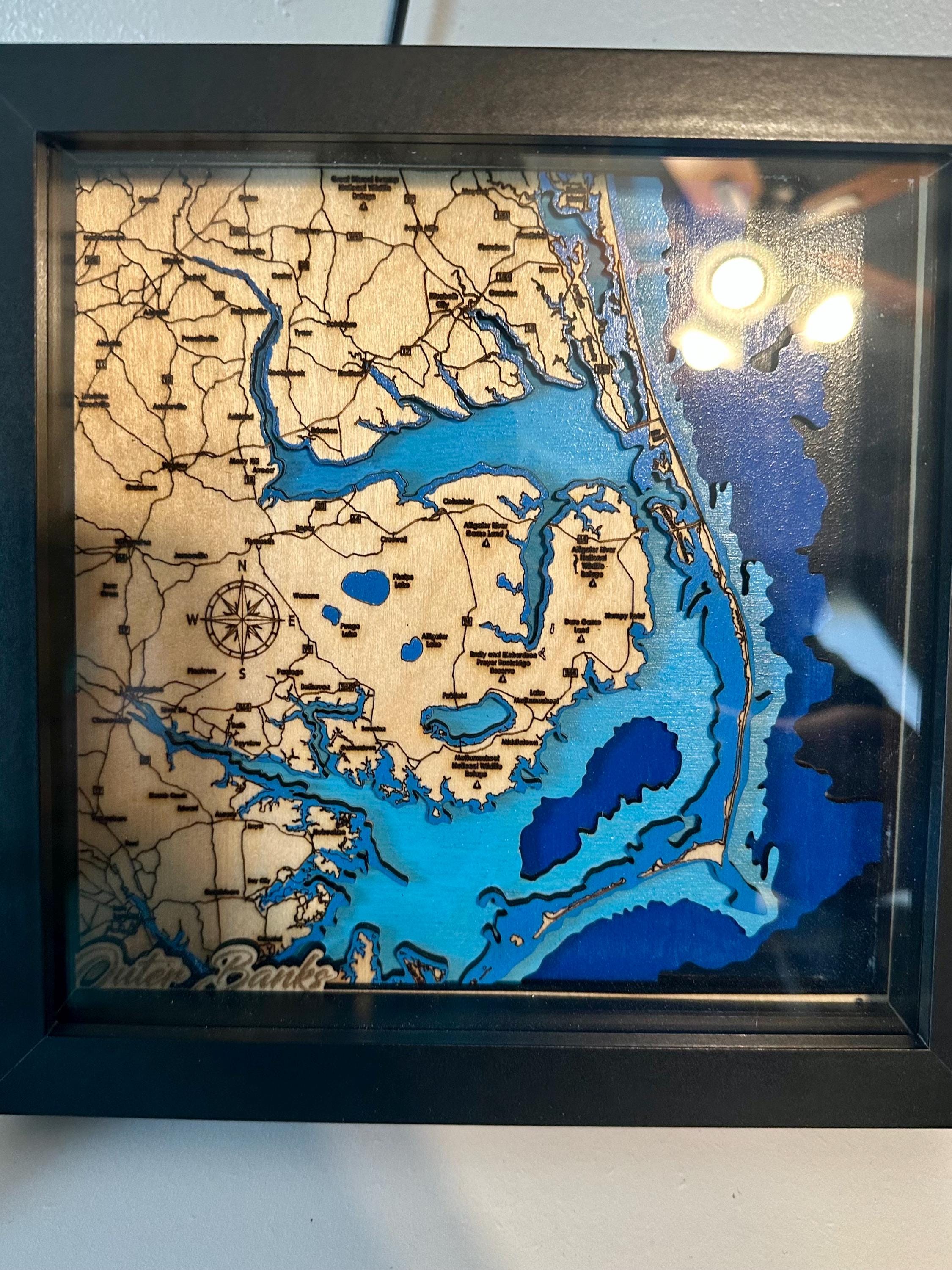 14x16 Outer Banks 3D Wood Map — 7-Layer Bathymetric | Shadow Box Framed