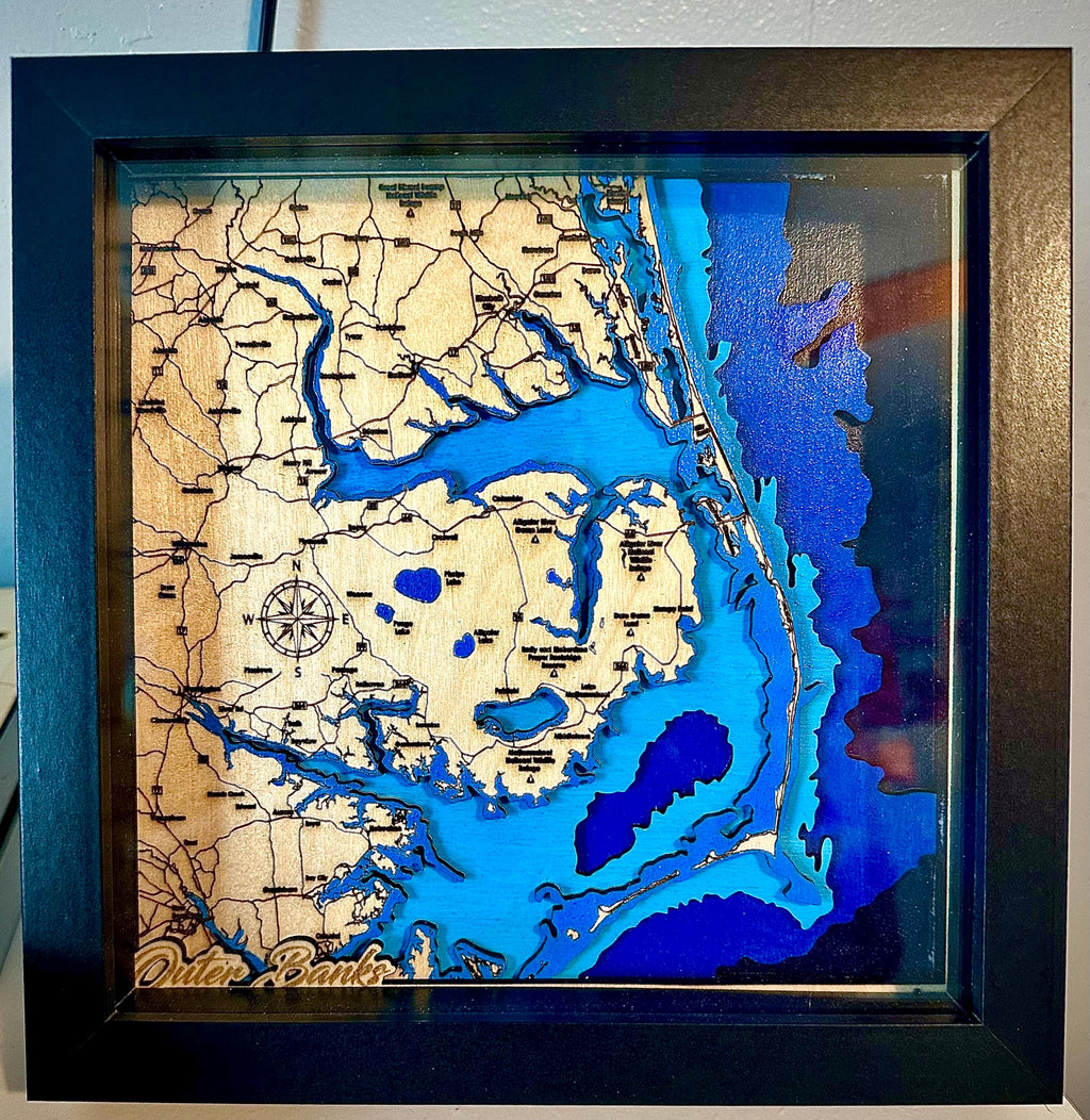 14x16 Outer Banks 3D Wood Map — 7-Layer Bathymetric | Shadow Box Framed