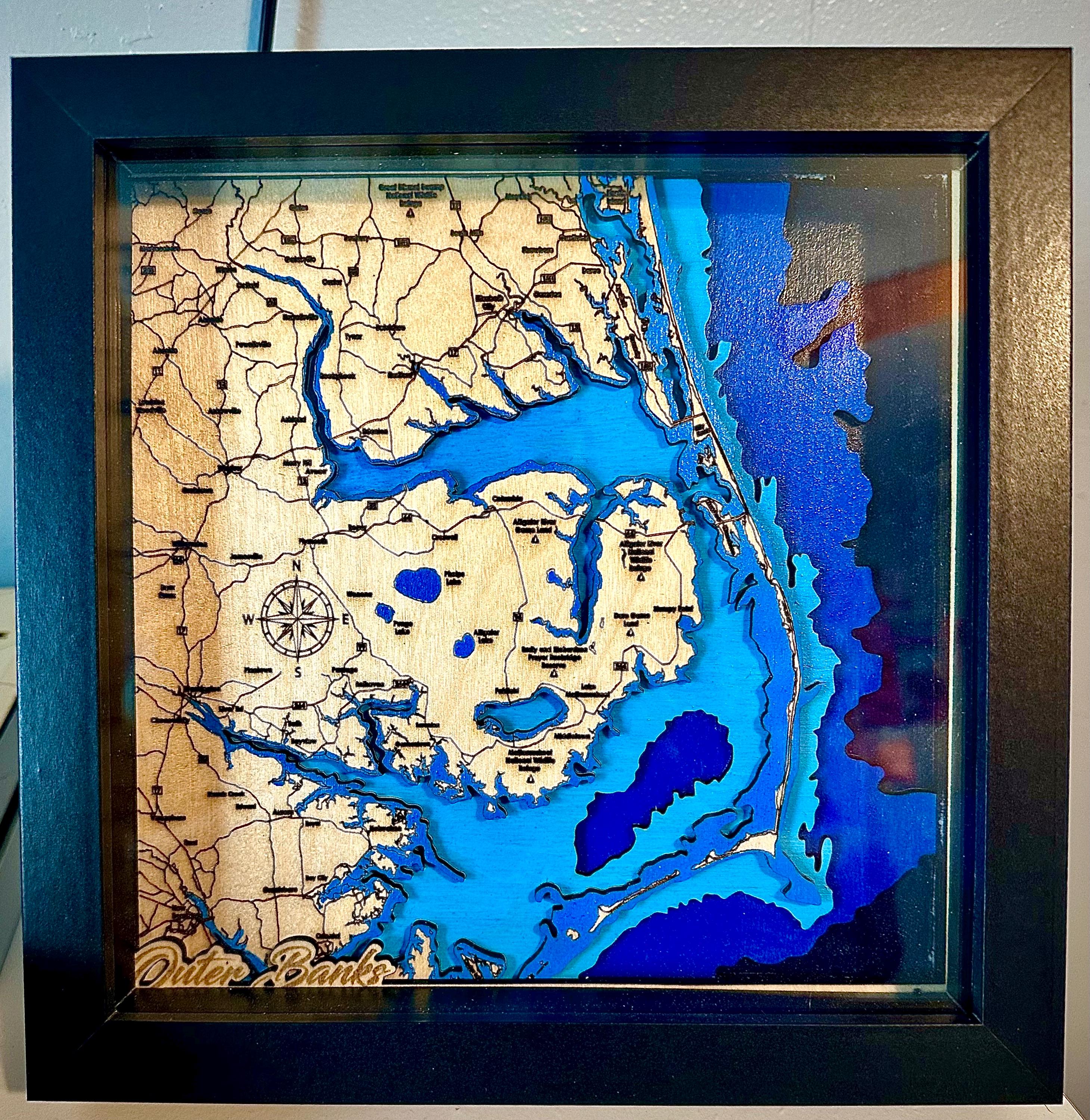 14x16 Outer Banks 3D Wood Map — 7-Layer Bathymetric | Shadow Box Framed