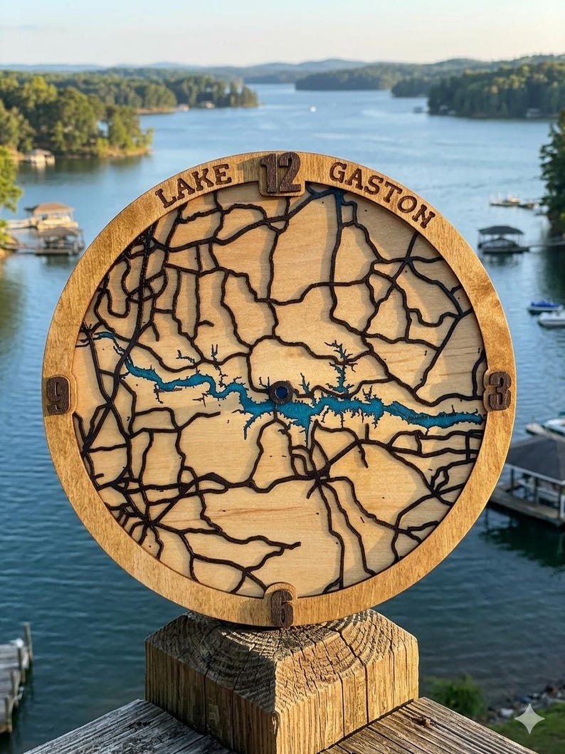 Lake Gaston 3D wood map clock with blue water and raised numerals