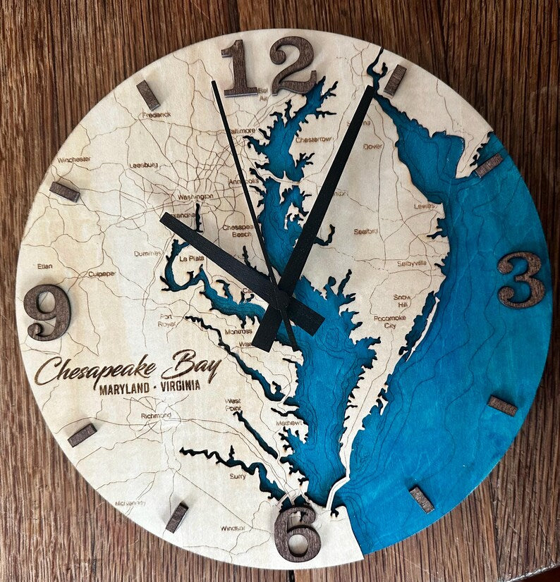 Chesapeake Bay wood map clock with blue water