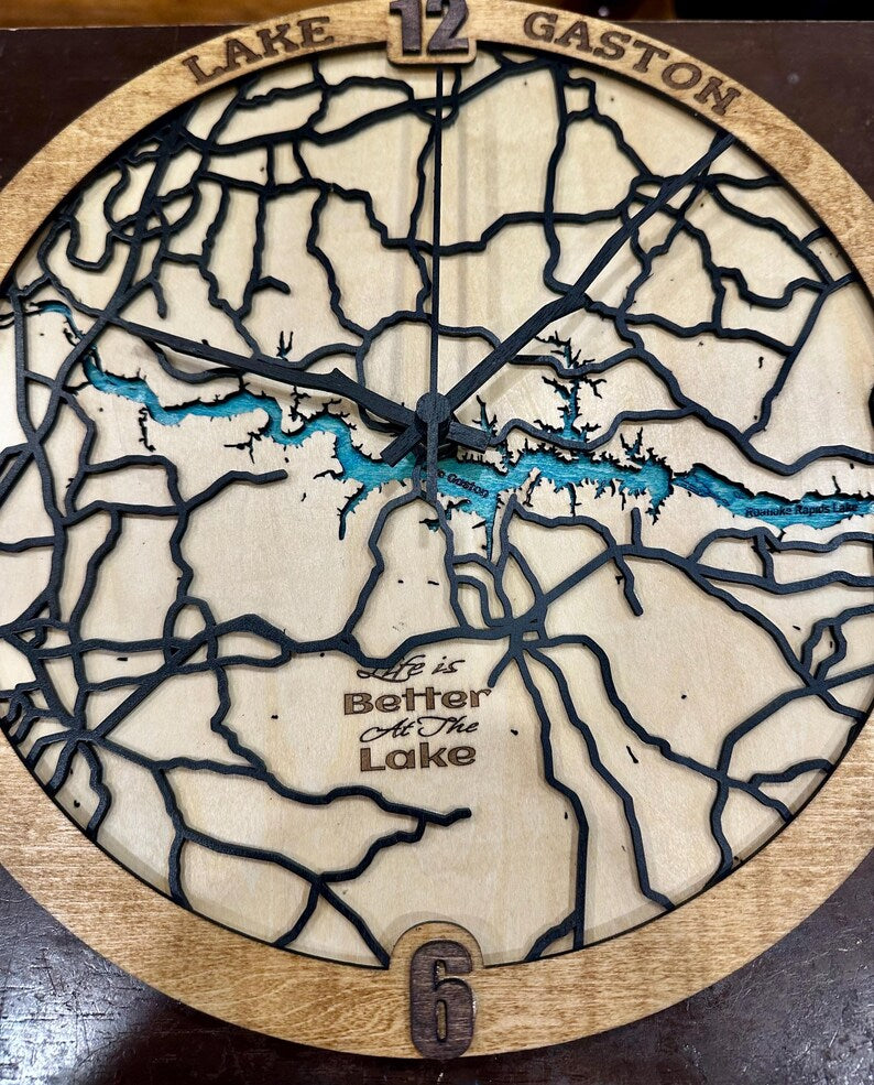 Lake Gaston clock engraved roads