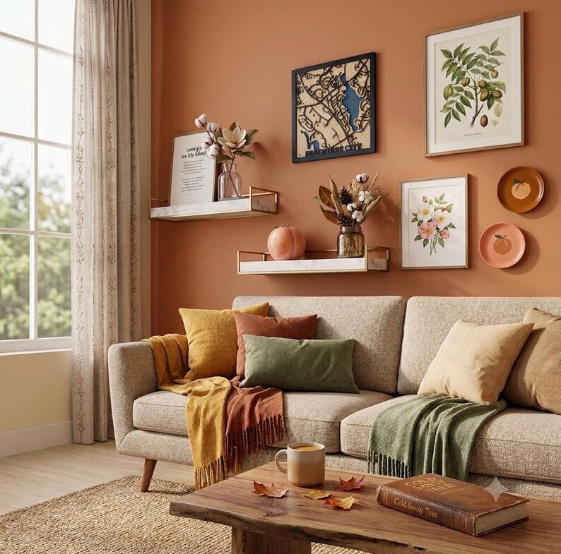 Peachtree City wood map styled in a living room