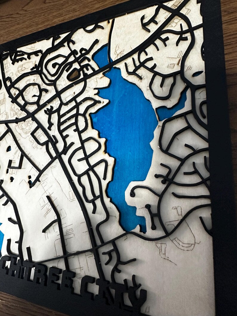 Close-up of Lake Peachtree in blue stained wood