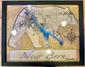 Layered wood map of New Bern NC with the Neuse and Trent Rivers