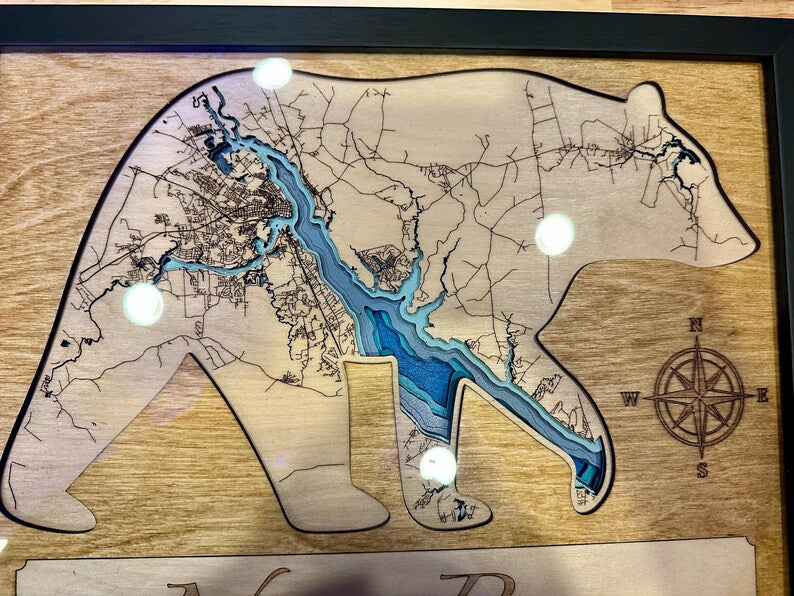 New Bern wood map on the wall