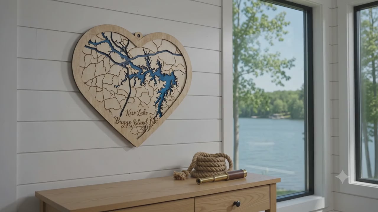 Kerr Lake 3D Wood Map | Heart Shaped | Buggs Island Lake Art